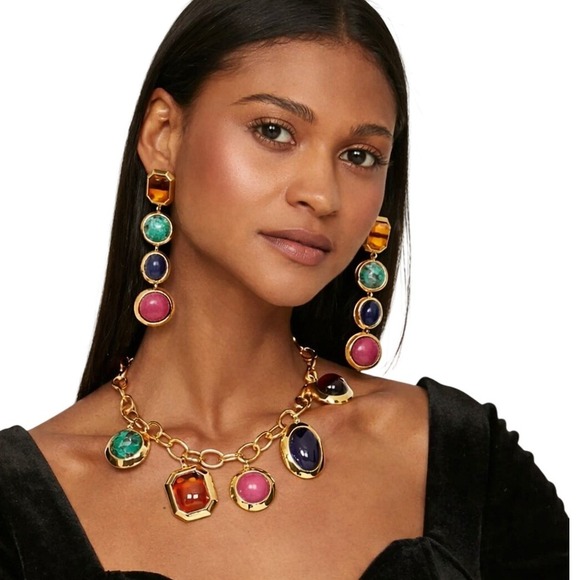 Lele Sadoughi Jewelry - Lele Sadoughi Multi Gemstone Charm Necklace & Drop Earrings Set Gold Tone NEW